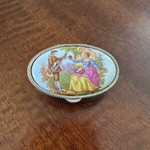 Vintage Italian Italy Silvertone Pillbox Porcelain Colonial Courting Couple